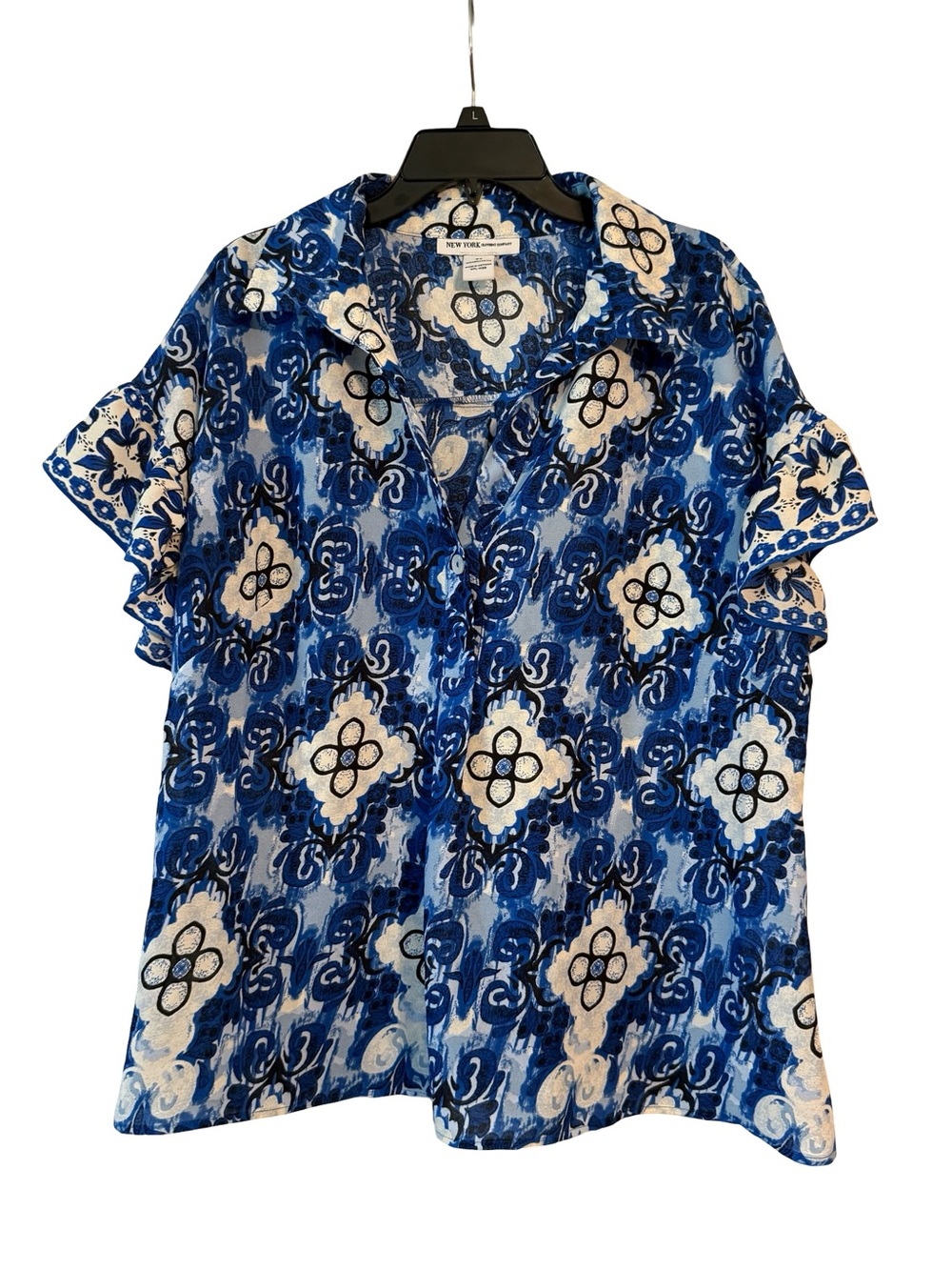 New York & Company Blue Floral Print Short Sleeve Blouse